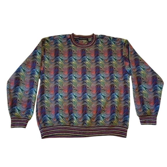 Jhane Barnes Men Sweater Large Wool Relaxed Fit Wave Pattern Vintage - Picture 1 of 10